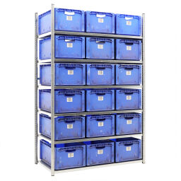 Stacking box plastic combination kit shelving rack including 18 used stacking boxes 