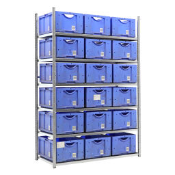 Stacking box plastic combination kit shelving rack including 18 used stacking boxes 