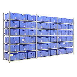 Stacking box plastic combination kit shelving rack including 54 used stacking boxes 