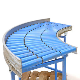 Used roller conveyor with plastic rollers 90 degree bend