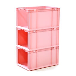 Stacking box plastic with grip opening 1 short side open