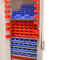 Used boxes cabinet with 2 hinged doors and 138 storage bins